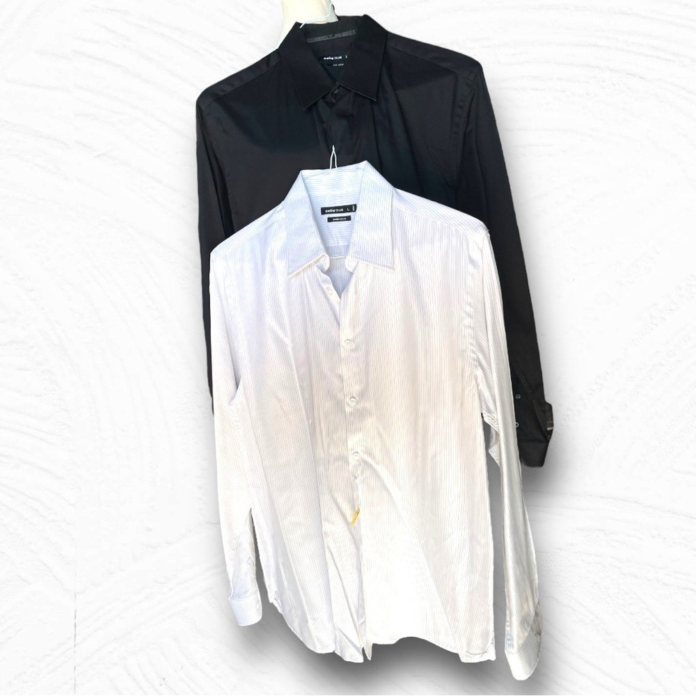 Celio 🪢 NWOT 2 Men’s SIZE Large Button Down Shirts in all Blk, & White W/Stripes